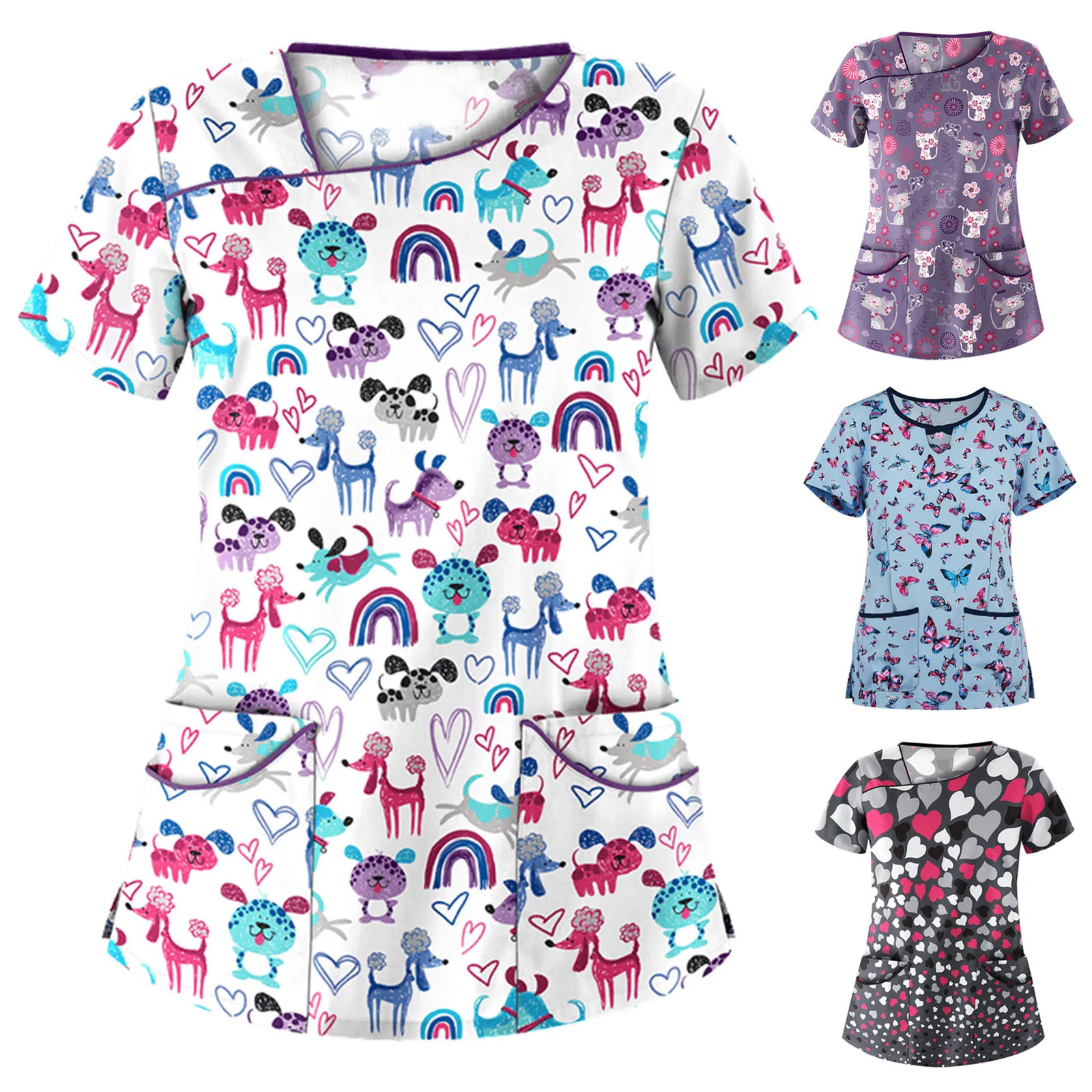 

Uniforme Enfermera Women Short Sleeve Pocket V-neck Printing Tops Nurse Overalls Working Uniform Blouse q5